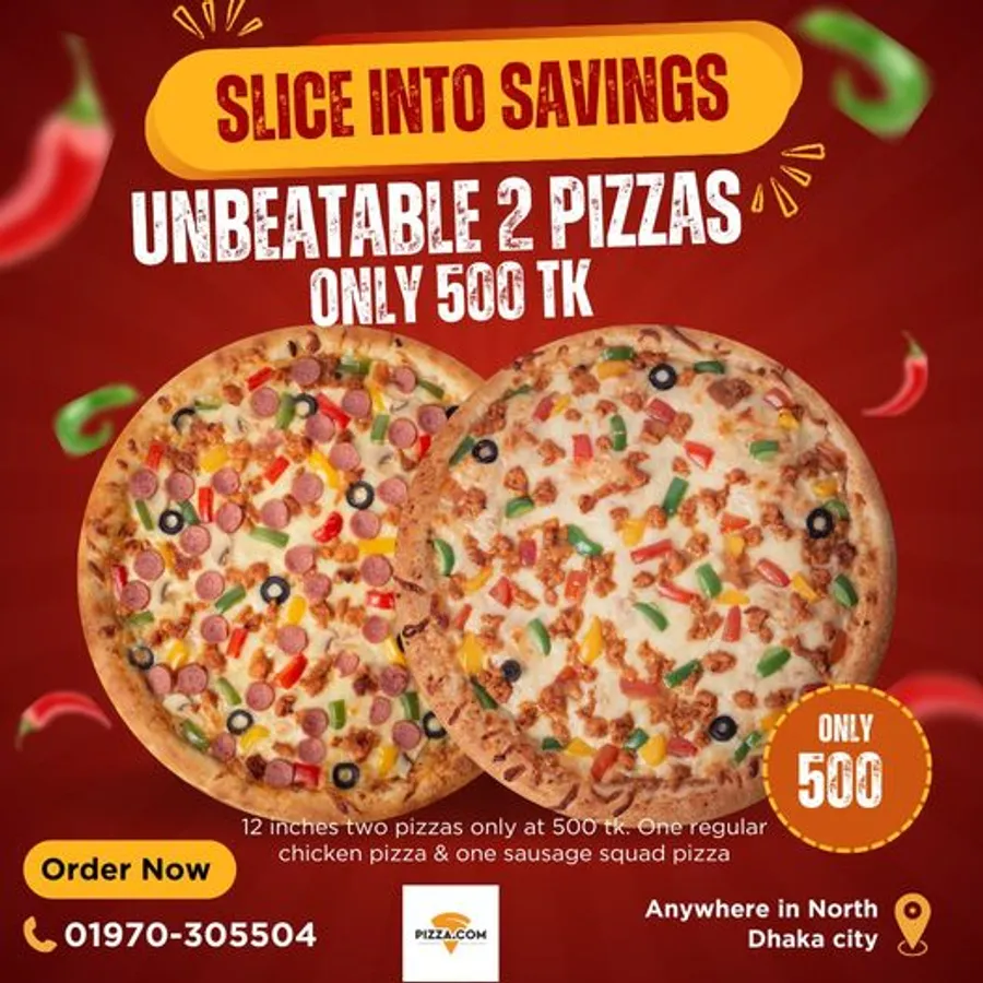 Get 2 irresistible 12-inch pizzas for just 500 Takas at Pizza.Com