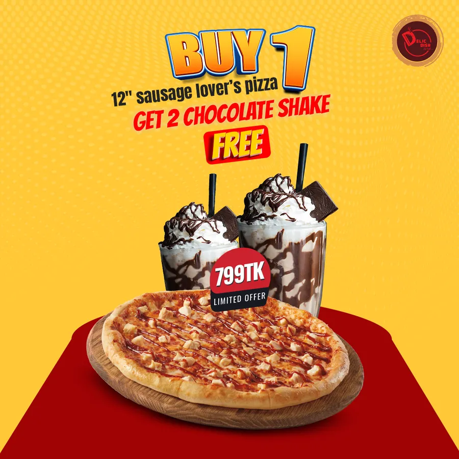 Buy pizza get two chocolate shake free at DELIC DISH