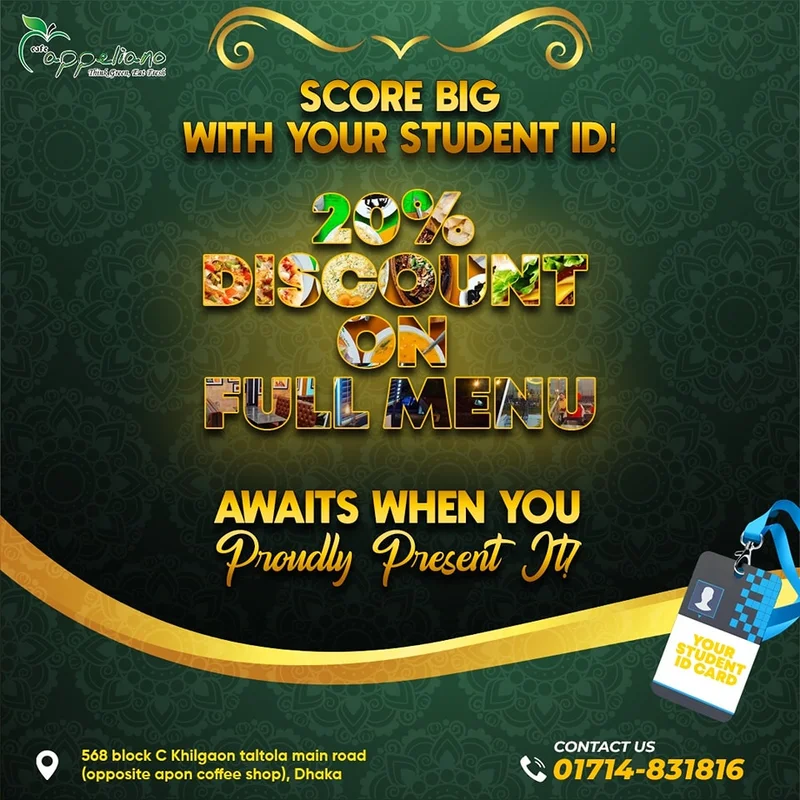 Show Your Valid Student ID Card And Get 20% Discount On Whole Menu | Student Offer at Cafe Appeliano