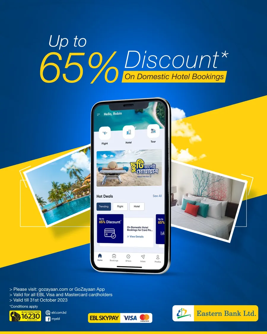 Enjoy up to 65% discount on domestic hotel bookings on EBL Visa and Mastercard