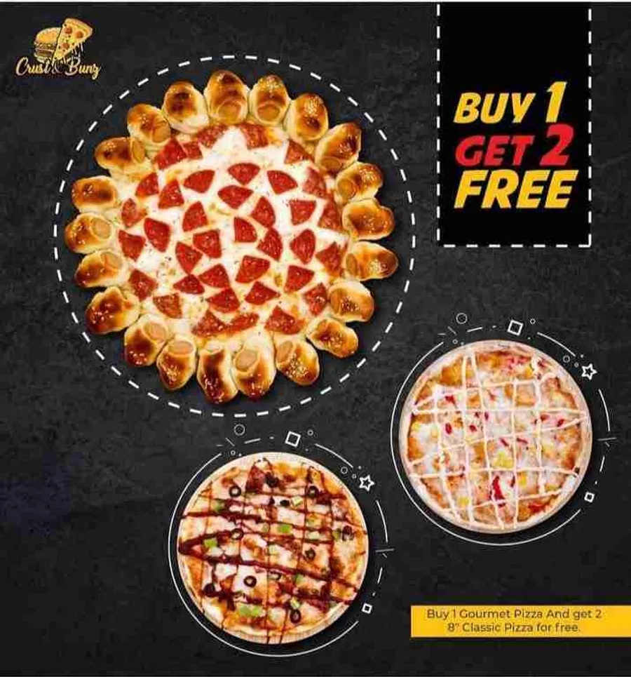 Buy one get two pizza and burger | BOGO offer at crust & bunz