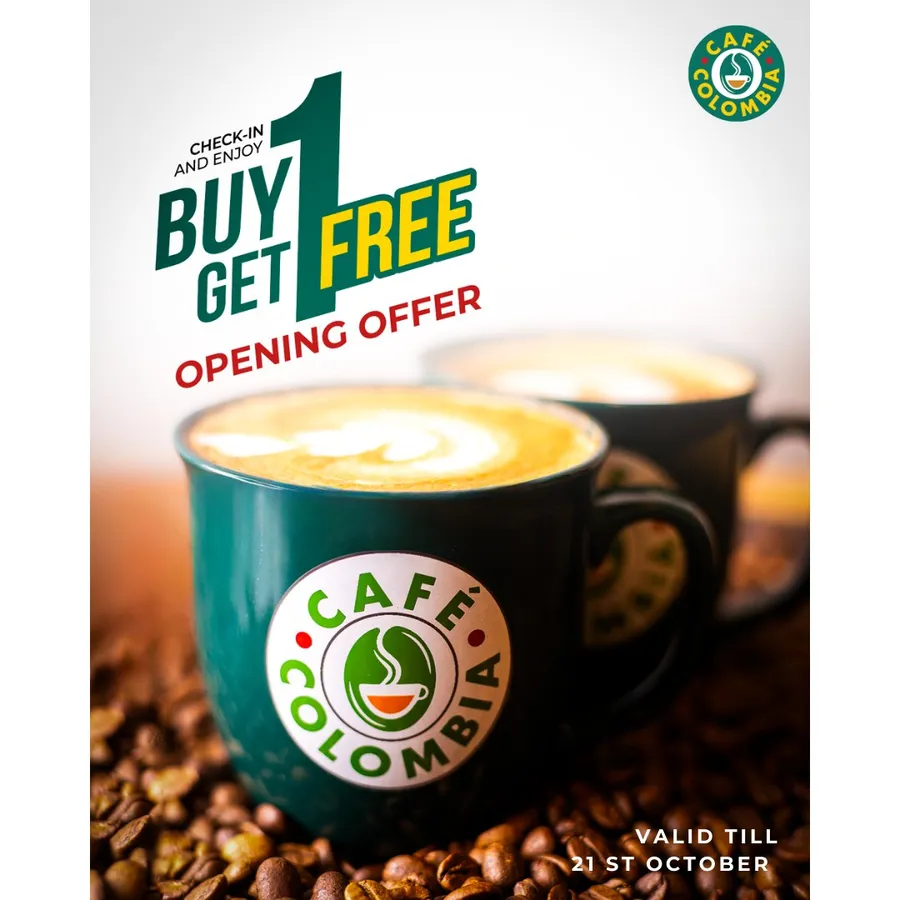 Buy one regular drink or coffee and get another free at Cafe Colombia