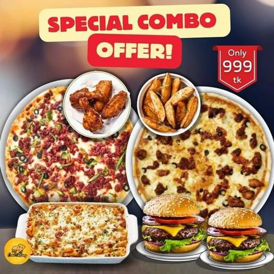 Special combo offer two 10 inch pizza two chicken burger chiken wedges pasta wings at Crust & Bunz