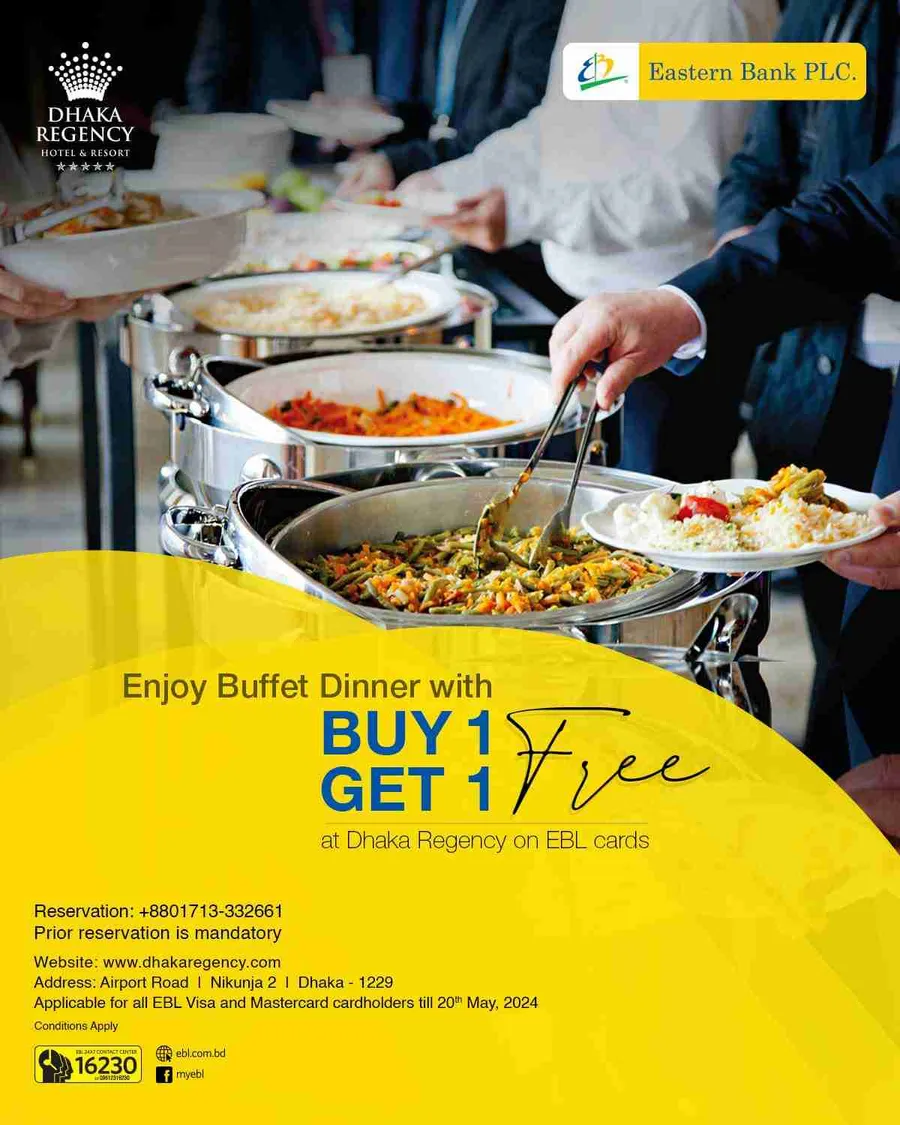 Buy one get one buffet dinner offer at Dhaka regency hotel using EBL cards