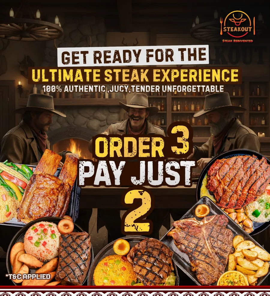 Order 3 pay just 2 steak offer at Steakout