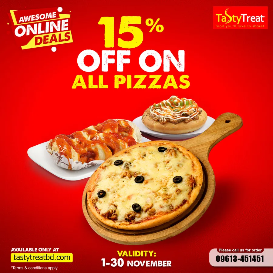 Get 15% discount on all pizza at Tasty Treat