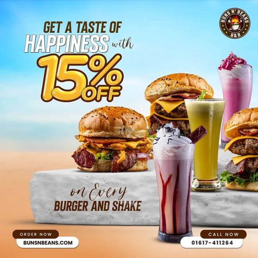 Happiness is a burger away! 🍔 Enjoy 15% off all burgers and shakes at Buns N' Beans