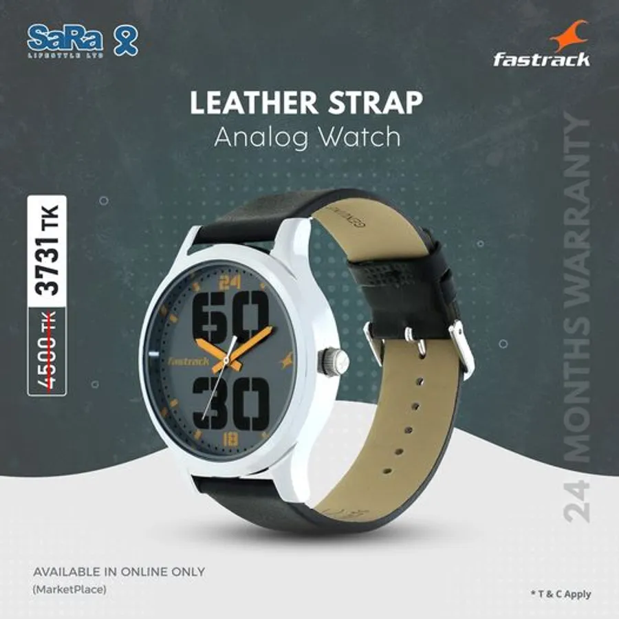 Quartz Analog Watch with a sleek grey dial and black leather strap 769 TK discount at SaRa Lifestyle Ltd