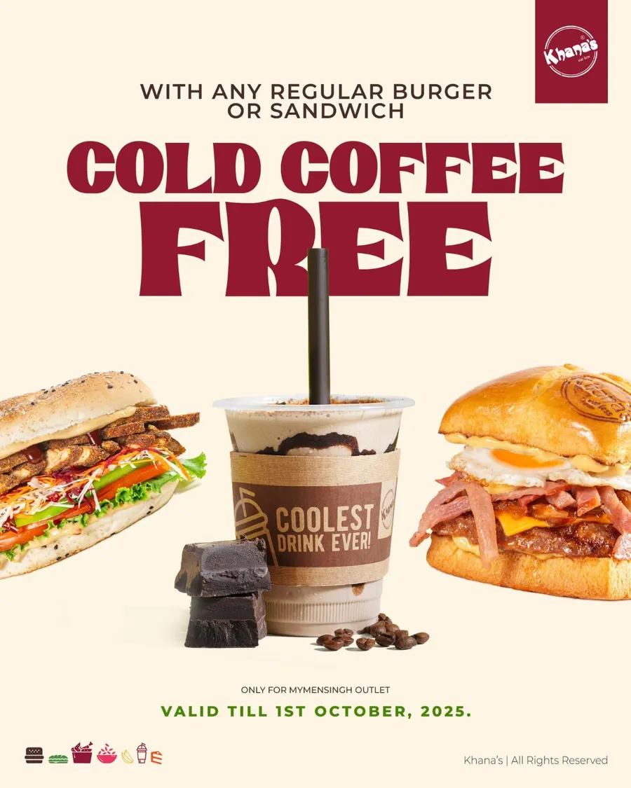 Get a Choco Cold Coffee FREEEEEEE on the house, with the purchase of any Regular Burger or Sandwich at Khana's
