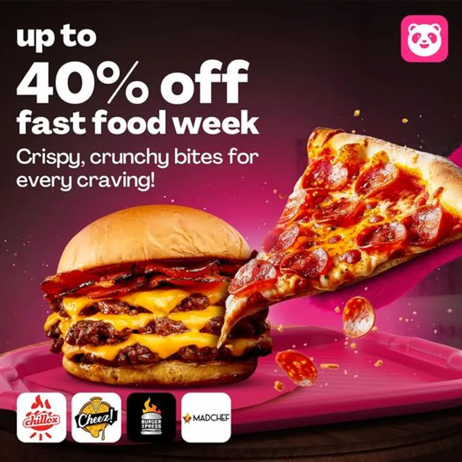 Get up to 40% off burgers, pizzas and all your fave crave-worthy fast food at foodpanda