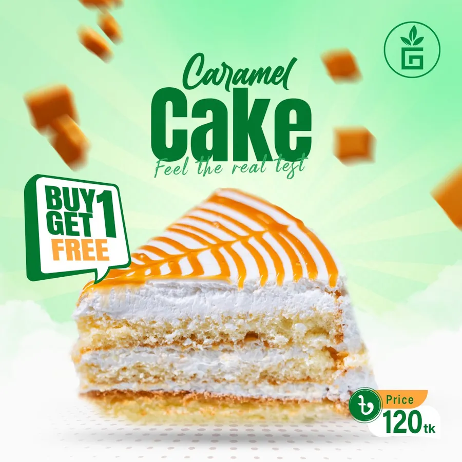 Buy 1 Get 1 free offer Caramel cake at Green House